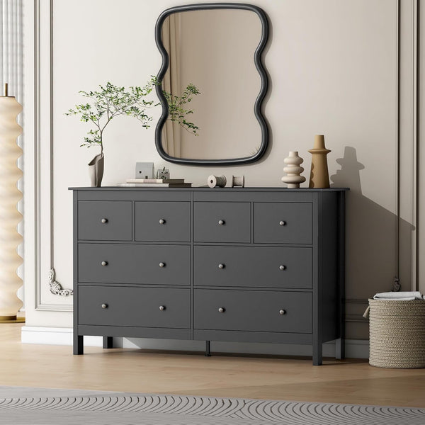 Akaber 8 Drawer Dresser, 55" Modern White Dressers, Chest of Drawers, Wooden Wide Dresser for Bedroom, Living Room, Black