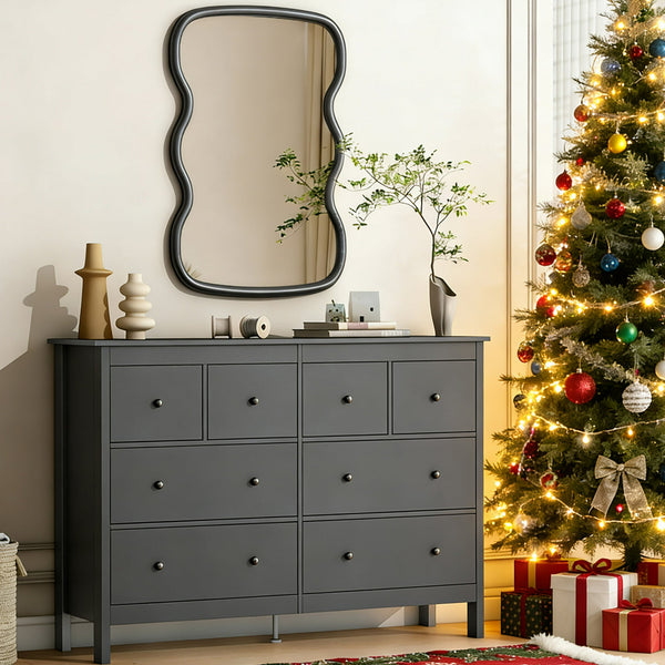 Linor 8 Drawer Dresser, 55" Modern White Dressers, Chest of Drawers, Wooden Wide Dresser for Bedroom, Living Room, Black