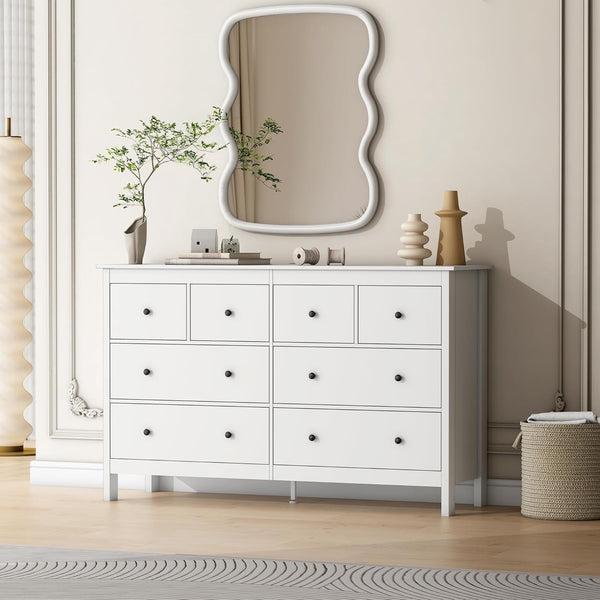 Akaber 8 Drawer Dresser, 55" Modern White Dressers, Chest of Drawers, Wooden Wide Dresser for Bedroom, Living Room, White
