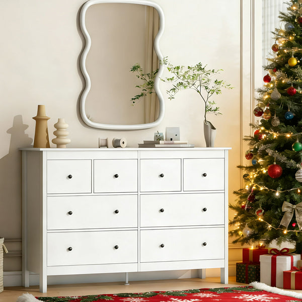 Linor 8 Drawer Dresser, 55" Modern White Dressers, Chest of Drawers, Wooden Wide Dresser for Bedroom, Living Room, White