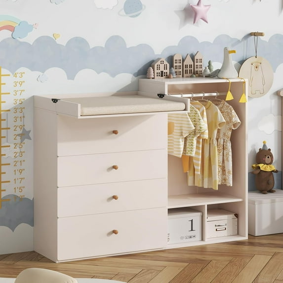 Linor Baby Changing Table Dresser, 59.1" Large Diaper Changing Station with Wide Top, 4 Drawers, Clothes Rack & Mirror, Modern Nursery Dresser, Nude Pink