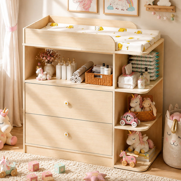 Linor Baby Changing Table Dresser with 2 Drawers, 4 Open Shelves, Anti-tip, and Storage Shelves, Sturdy, Easy-clean, Oak
