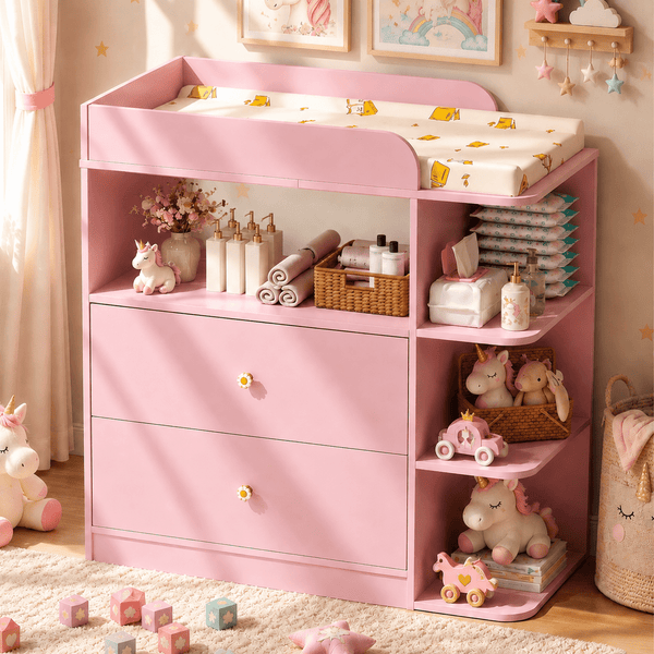 Linor Baby Changing Table Dresser with 2 Drawers, 4 Open Shelves, Anti-tip, and Storage Shelves, Sturdy, Easy-clean, Pink