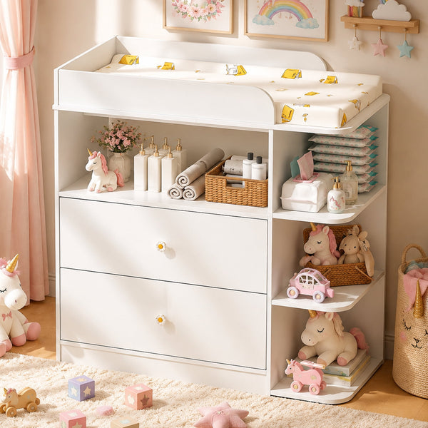 Linor Baby Changing Table Dresser with 2 Drawers, 4 Open Shelves, Anti-tip, and Storage Shelves, Sturdy, Easy-clean, White