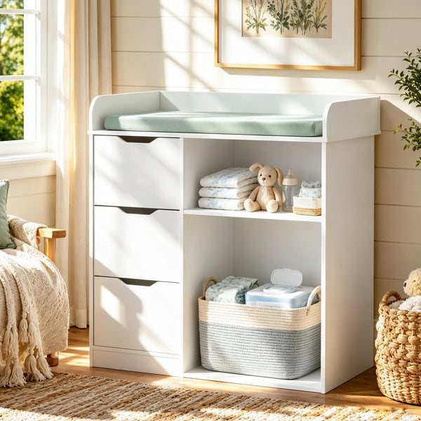 Linor Baby Changing Table Dresser with 3 Drawers & 2 Open Shelves, White Wood Multifunctional Nursery Storage Organizer