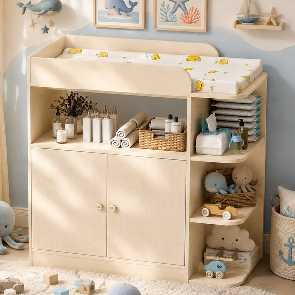 Linor Baby Changing Table Dresser with Large Cabinet, 4 Open Shelves, Anti-tip, and Storage Shelves, Sturdy, Easy-clean, Oak