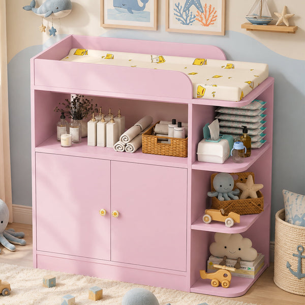 Linor Baby Changing Table Dresser with Large Cabinet, 4 Open Shelves, Anti-tip, and Storage Shelves, Sturdy, Easy-clean, Pink