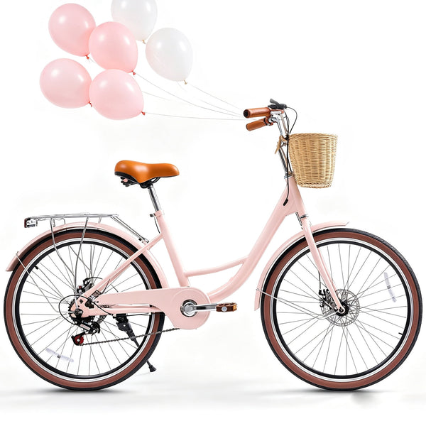Akaber Adults Bike, 26 Inch Cruiser Bike for Women, Lightweight Step-Through 7 Speed Commuter Bicycle, Pink