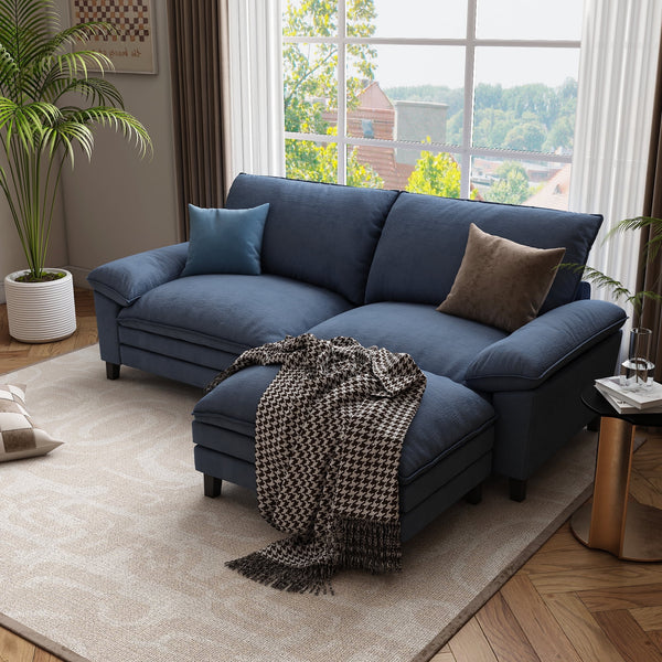Linor Cloud Couch with Ottoman, Velvet and Wood Deep Seat Sectional Sofa, Deep Blue