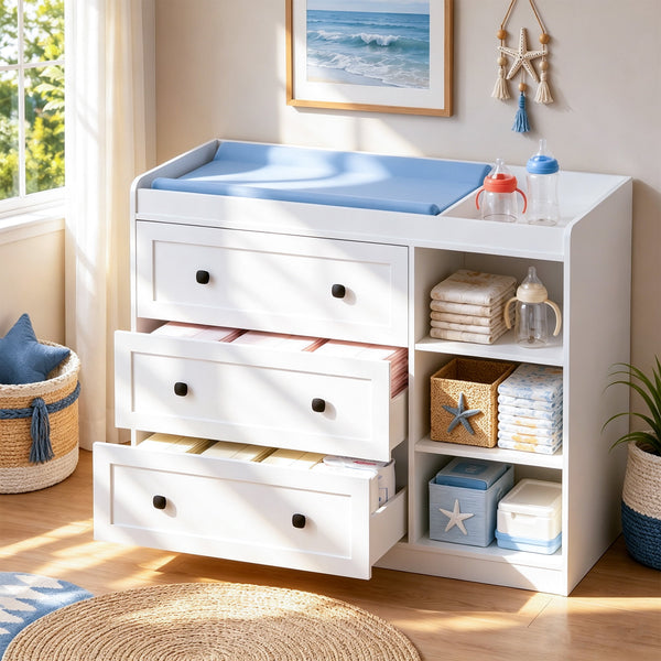 Linor Diaper Changing Table Dresser with 3 Drawers & 3 Open Shelves, Multifunctional Nursery Storage Organizer, White
