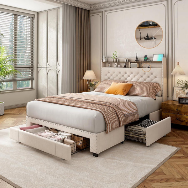 Linor Full-Size Upholstered Platform Bed Frame with 2-Tier Storage Headboard, 3 Drawers, USB Port, LED Lights, White
