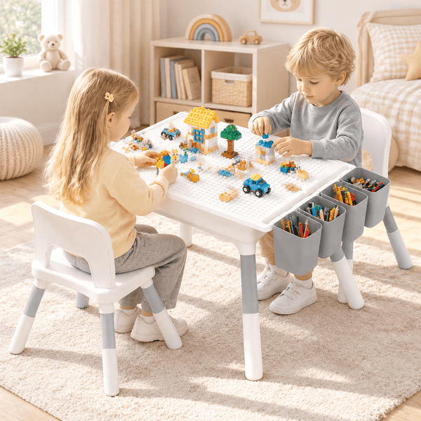 Linor Kids Table and Chairs Set with Storage, 6 in 1 Toddler Kids Activity Table, Height Adjustable, Gray