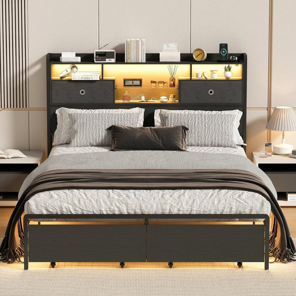 Linor Queen Size Bed Frame with Drawer, Bed Frame Queen Size with 3-Tier Storage Headboard, 2 Storage Baskets, LED, Charging Station, Heavy Duty Metal Slats, No Box Spring Needed