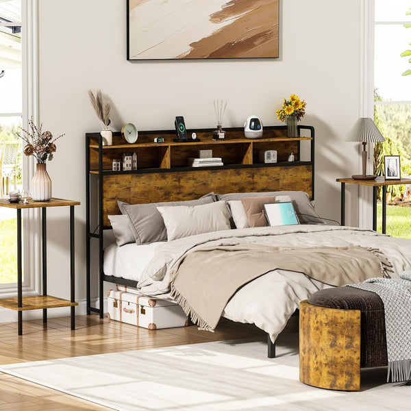 Linor Queen Size Headboard, 2 Tier Storage Headboard for Bedroom with 4 Outlets, 4 USB Ports, and LED Light, Width Adjustable