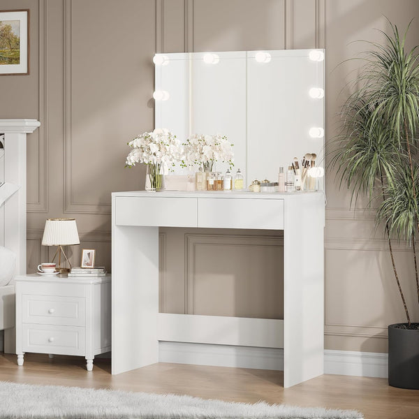 Makeup Vanity Desk, Akaber 35.1" Vanity with Mirror and Lights with 3 Color Lighting, 2 Drawers, White Vanity Table for Bedroom