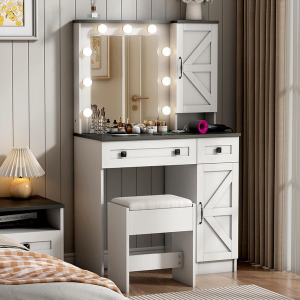 Makeup Vanity Set with Mirror and Lights, Wanan 31.5" Farmhouse Vanity Desk with 3 Color Lighting Modes, Power Outlet, White Vanity Table with 2 Drawers for Bedroom