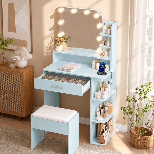 Makeup Vanity Set with Chair, Vanity Desk with Mirror and Lights, Power Outlet for Small Space, Blue