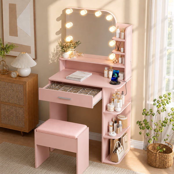 Makeup Vanity Set with Chair, Vanity Desk with Mirror and Lights, Power Outlet for Small Space, Pink