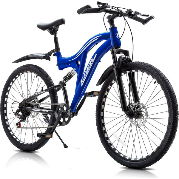 Mountain Bike for Adults, Akaber 24 Inch Full Dual Suspension MTB Bicycle, 7-Speed High-Carbon Steel Frame with Double Disc Brake, Softail Design for Men/Women Outdoor Trail Riding