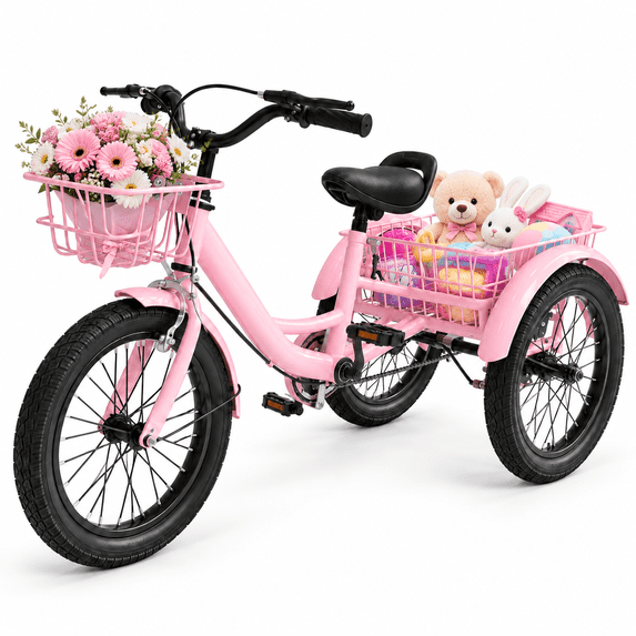 NEORIVER 12-Inch Kids Tricycle for Ages 2-4, Height-Adjustable Toddler Trike with Seat, 2 Storage Baskets, Dual Handbrake, Boys & Girls