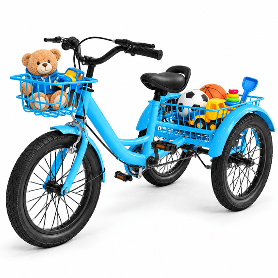 NEORIVER 16-Inch Kids Tricycle for Ages 4-9, Height-Adjustable Toddler Trike with Seat, 2 Storage Baskets, Dual Handbrake, Boys & Girls