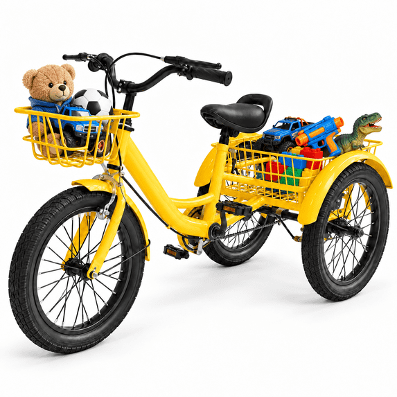 NEORIVER 16-Inch Kids Tricycle for Ages 4-9, Height-Adjustable Toddler Trike with Seat, 2 Storage Baskets, Dual Handbrake, Boys & Girls