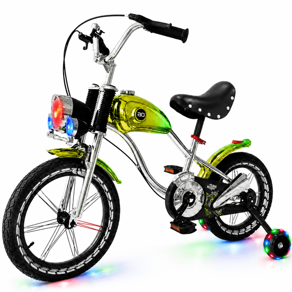 NEORIVER 16" Kids Bike Retro Motorcycle Style, Boys Girls Ages 3-12, Light-Up Training Wheels, Front Lights & Music, Adjustable Seat, Kickstand, V-Brake