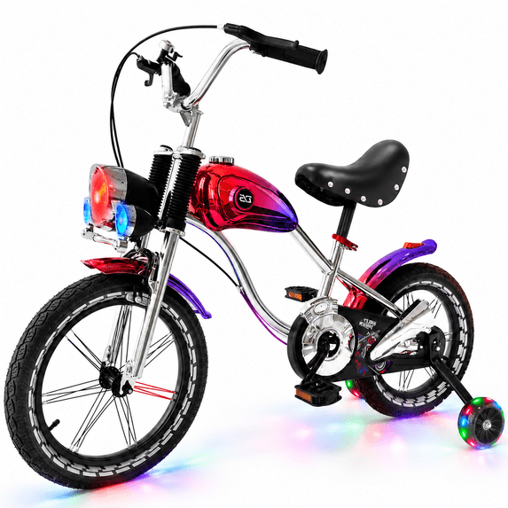 NEORIVER 16" Kids Bike Retro Motorcycle Style, Boys Girls Ages 3-12, Light-Up Training Wheels, Front Lights & Music, Adjustable Seat, Kickstand, V-Brake
