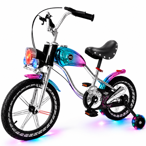 NEORIVER 16" Kids Bike Retro Motorcycle Style, Boys Girls Ages 3-12, Light-Up Training Wheels, Front Lights & Music, Adjustable Seat, Kickstand, V-Brake