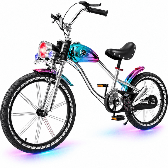 NEORIVER 16" Kids Bike Retro Motorcycle Style, Boys Girls Ages 3-12, Light-Up Training Wheels, Front Lights & Music, Adjustable Seat, Kickstand, V-Brake