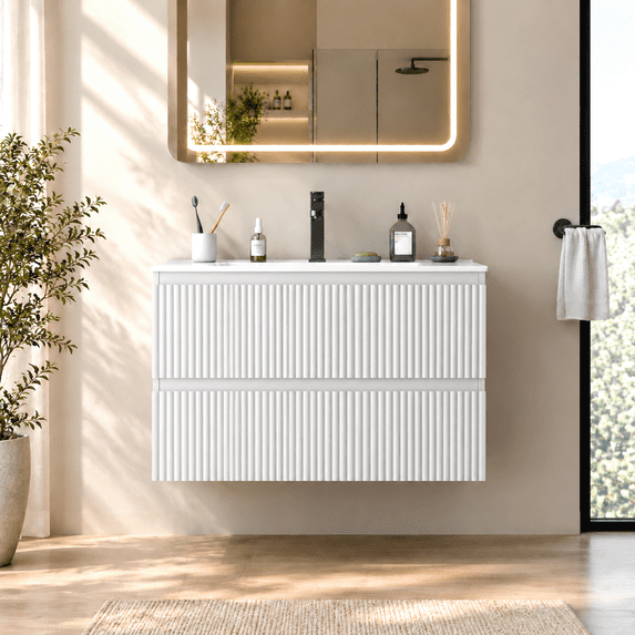 NEORIVER 24" Floating Bathroom Vanity with Ceramic Sink, Wall Mounted Modern Vanity with 2 Drawers, White Fluted Sink Cabinet for Small Bathrooms