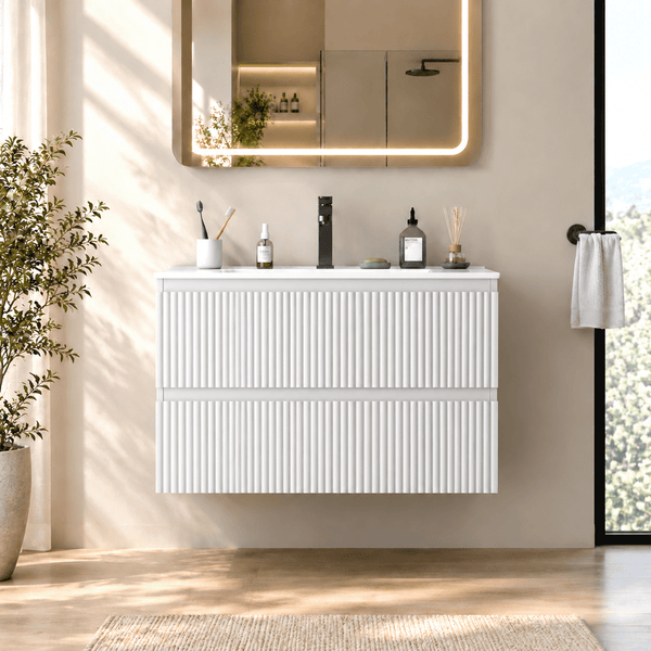 NEORIVER 24" Floating Bathroom Vanity with Ceramic Sink, Wall Mounted Modern Vanity with 2 Drawers, White Fluted Sink Cabinet for Small Bathrooms