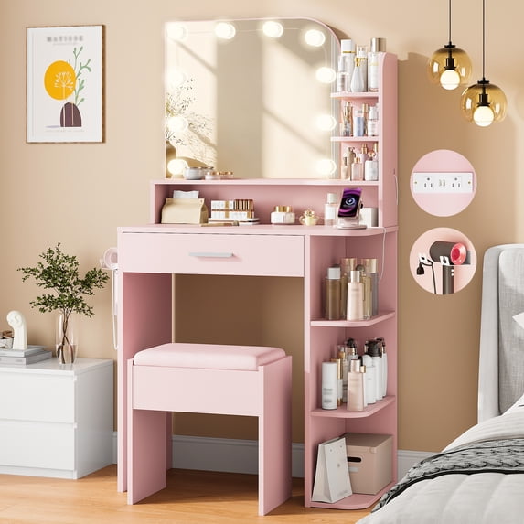 NEORIVER 26.4" Small Makeup Vanity Set with Mirror and Lights, Modern Vanity Desk with Bench and Power Outlets