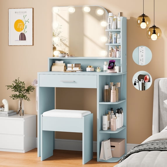 NEORIVER 26.4" Small Makeup Vanity Set with Mirror and Lights, Modern Vanity Desk with Bench and Power Outlets