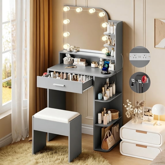 NEORIVER 26.4" Small Makeup Vanity Set with Mirror and Lights, Modern Vanity Desk with Bench and Power Outlets