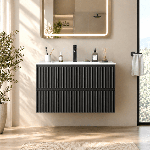 NEORIVER 30" Floating Bathroom Vanity with Ceramic Sink, Wall Mounted Modern Vanity with 2 Drawers, White Fluted Sink Cabinet for Small Bathrooms