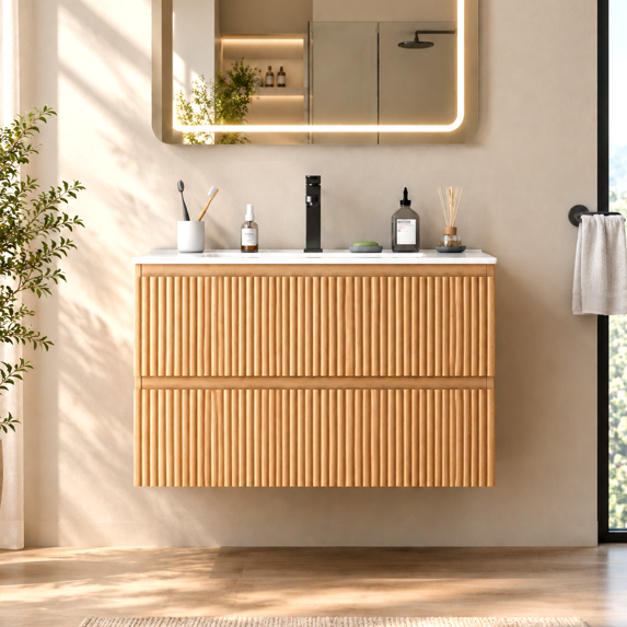 NEORIVER 30" Floating Bathroom Vanity with Ceramic Sink, Wall Mounted Modern Vanity with 2 Drawers, White Fluted Sink Cabinet for Small Bathrooms