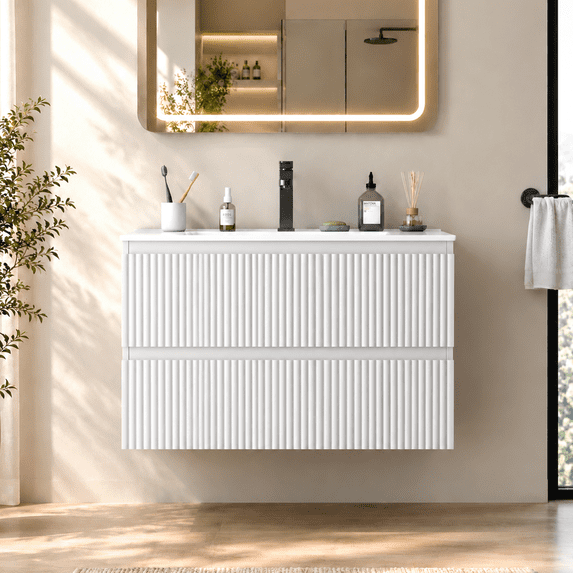 NEORIVER 30" Floating Bathroom Vanity with Ceramic Sink, Wall Mounted Modern Vanity with 2 Drawers, White Fluted Sink Cabinet for Small Bathrooms