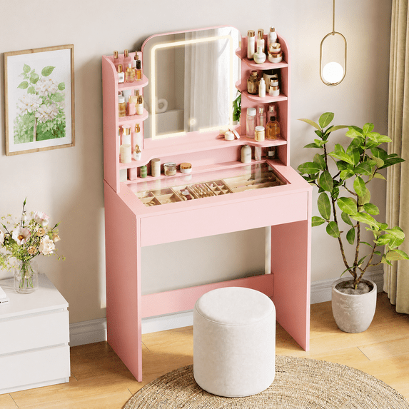 Pipleo Makeup Vanity Desk with LED Mirror & Lights, Music Sync RGB Drawer, Tempered Glass, 5 Shelves
