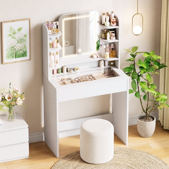 Pipleo Makeup Vanity Desk with LED Mirror & Lights, Music Sync RGB Drawer, Tempered Glass, 5 Shelves