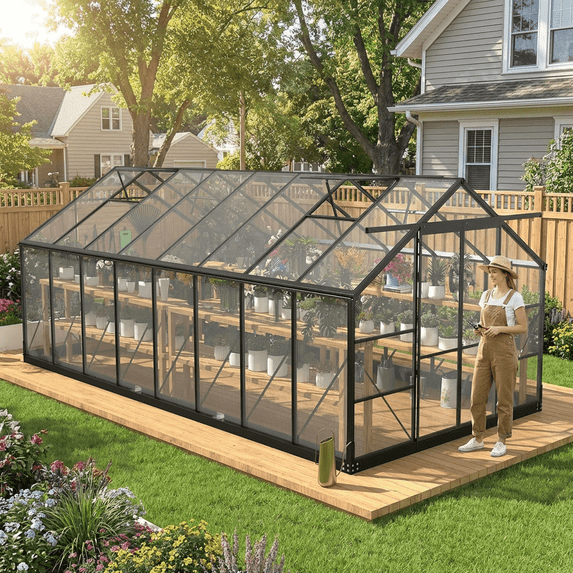 NEORIVER 8x16 FT Polycarbonate Greenhouse for Outdoors – Heavy Duty Aluminum Frame with Adjustable Roof Vent & Sliding Doors, Windproof Garden Green House
