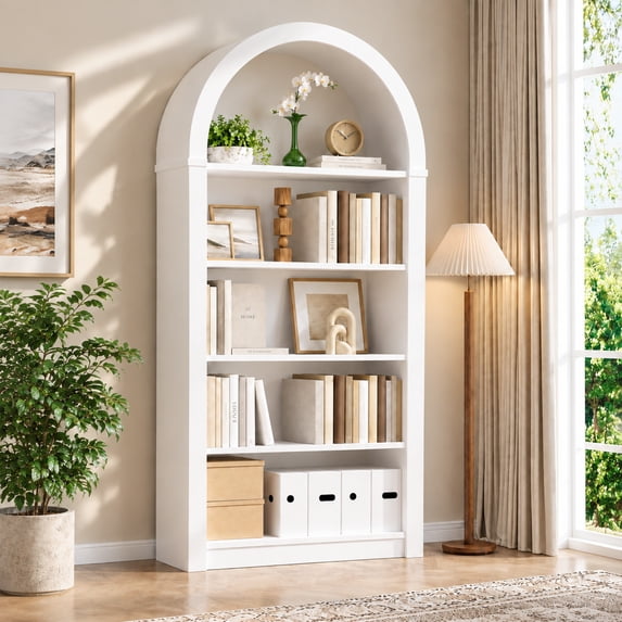 NEORIVER Arched Bookshelf, 5-Shelf Open Wood Bookcase with Anti-Tip Design, 55.2"H x 27.7"W x 11.8"D