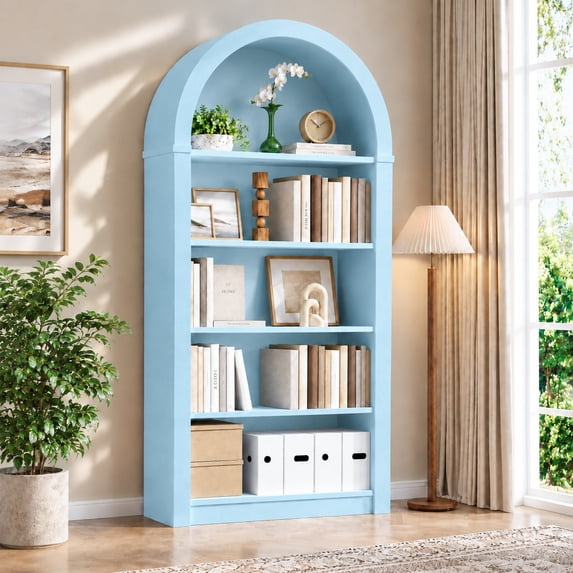 NEORIVER Arched Bookshelf, 5-Shelf Open Wood Bookcase with Anti-Tip Design, 55.2"H x 27.7"W x 11.8"D