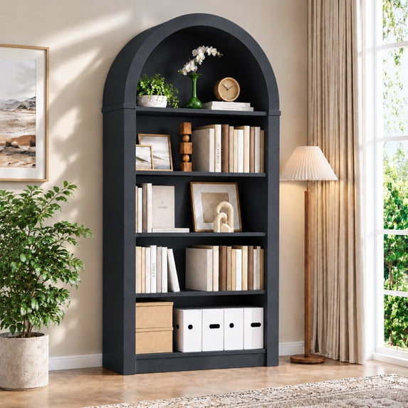 NEORIVER Arched Bookshelf, 5-Shelf Open Wood Bookcase with Anti-Tip Design, 55.2"H x 27.7"W x 11.8"D