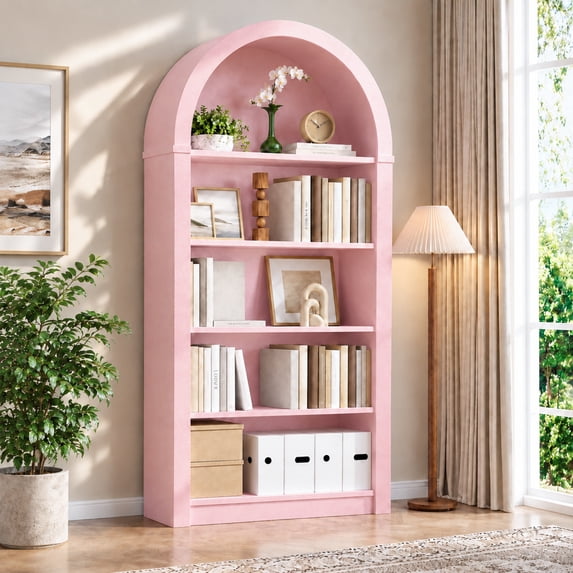 NEORIVER Arched Bookshelf, 5-Shelf Open Wood Bookcase with Anti-Tip Design, 55.2"H x 27.7"W x 11.8"D