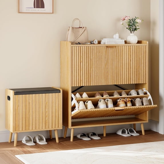 NEORIVER Fluted Wooden Shoe Cabinet with 2 Flip Drawers and Bench – Freestanding Narrow Slim Hidden Shoe Rack Storage Organizer for Entryway, Hallway, Entrance