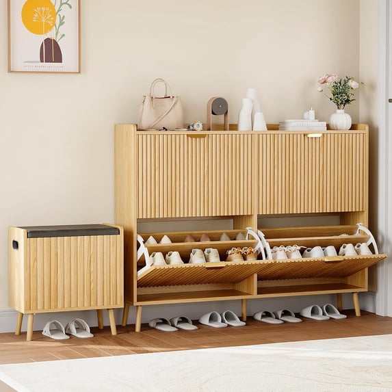 NEORIVER Fluted Wooden Shoe Cabinet with 4 Flip Drawers and Bench – Freestanding Narrow Slim Hidden Shoe Rack Storage Organizer for Entryway, Hallway, Entrance
