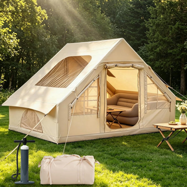 NEORIVER Inflatable Camping Tent with Skylight & Stove Jack – 420D Oxford Waterproof, Easy Setup Blow Up Tent with Pump, Storage Bag, Glamping Air Cabin for 4-6 Adults