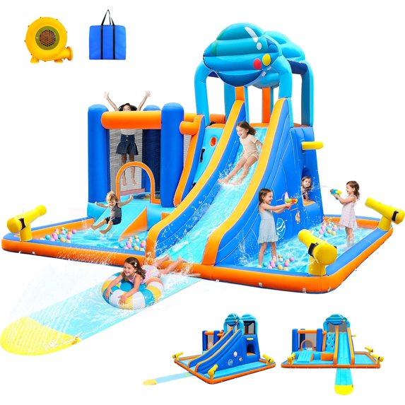 NEORIVER Inflatable Water Slide for Kids, 2 Min Blow Up 10 in 1 Giant Water Park for Backyard Outdoor with Large Slide, Pool, Tunnel, Bounce House, Basketball Hoop, Climbing Wall, Air Blower Included