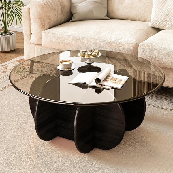 NEORIVER Round Glass Coffee Table,31.5" Modern Coffee Table with Glass Top and Wood Base,Unique Circle Center Table for Living Room, Small Space Coffee Table for Apartment & Office